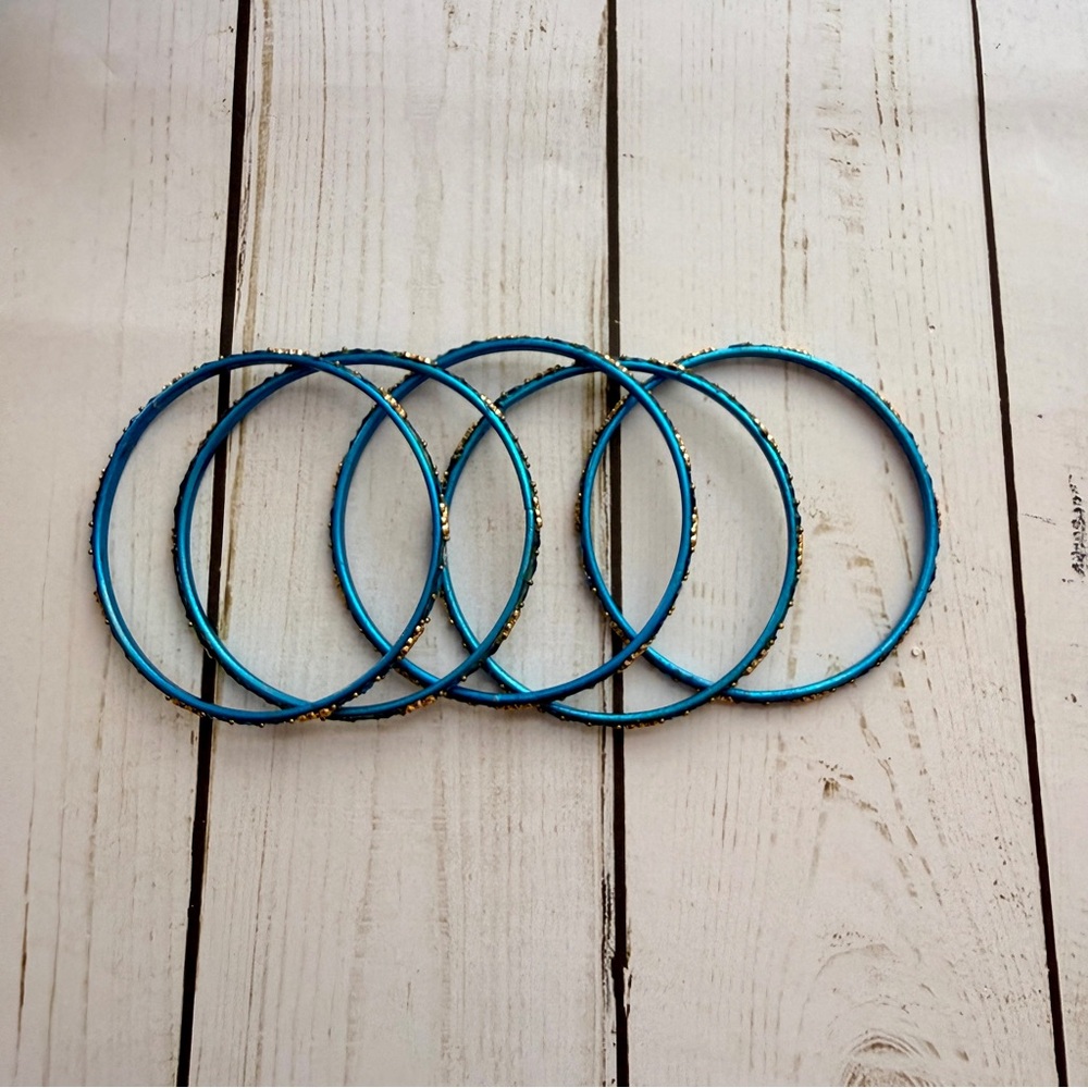 Teal Blue and Gold Bangle Bracelets - Picture 3 of 5